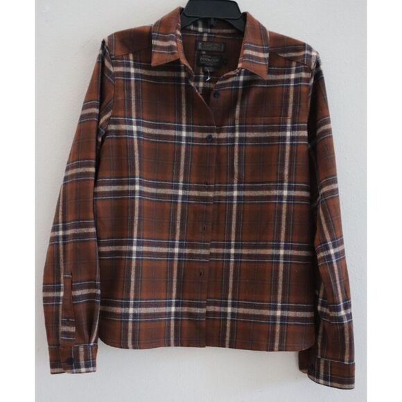 Pendleton Women's Sz M Brown/Navy Plaid Lodge Button-Up Wool L/S Shirt - Picture 1 of 6
